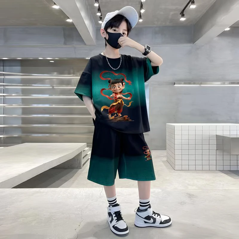 哪吒魔童闹海新款痞帅个性夏季潮牌男童儿童夏装男孩短袖休闲套装