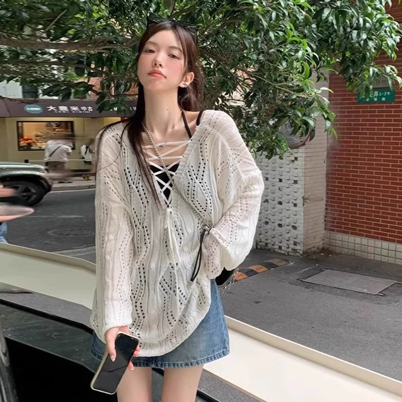 白色镂空针织衫女夏季慵懒风设计感外搭罩衫大码胖MM薄款防晒上衣