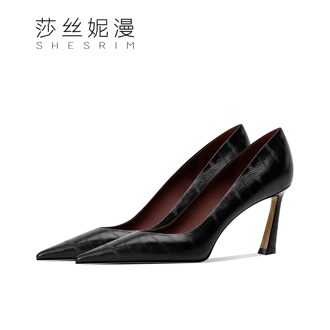 99-气质高跟鞋女2025新款百搭细跟尖头浅口单鞋优雅黑色真皮女鞋