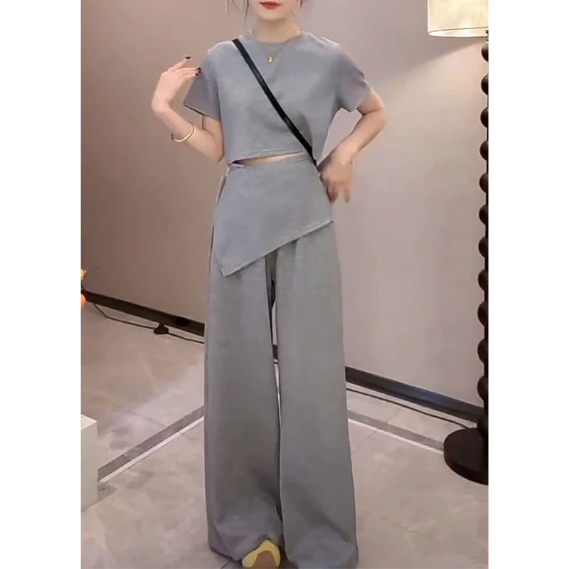 韩系圆领简约纯色短袖T恤女夏季不规则设计感直筒阔腿长裤两件套