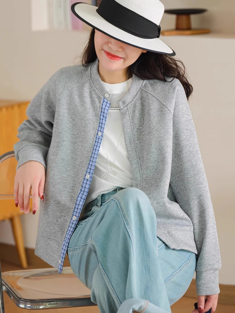 2025秋季新款复古文艺简约格子门襟拼接设计宽松显瘦圆领女装上衣