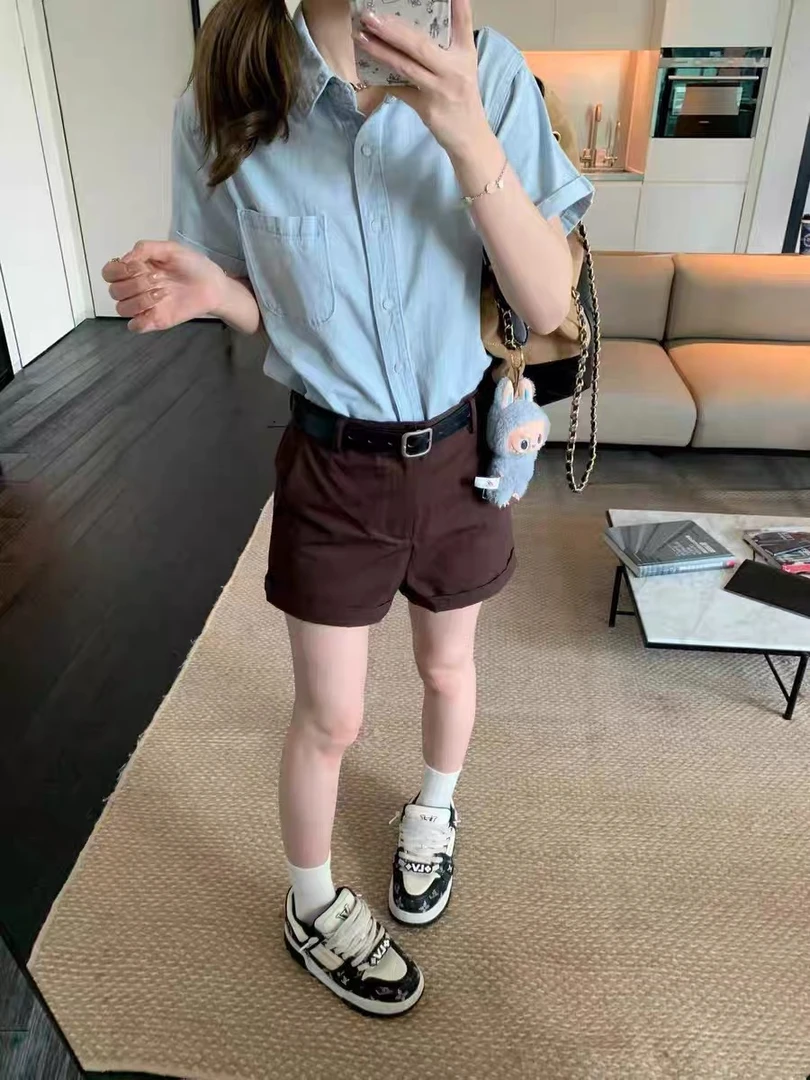 甜粿妹妹水洗蓝短袖牛仔衬衫夏季小众复古短裤套装