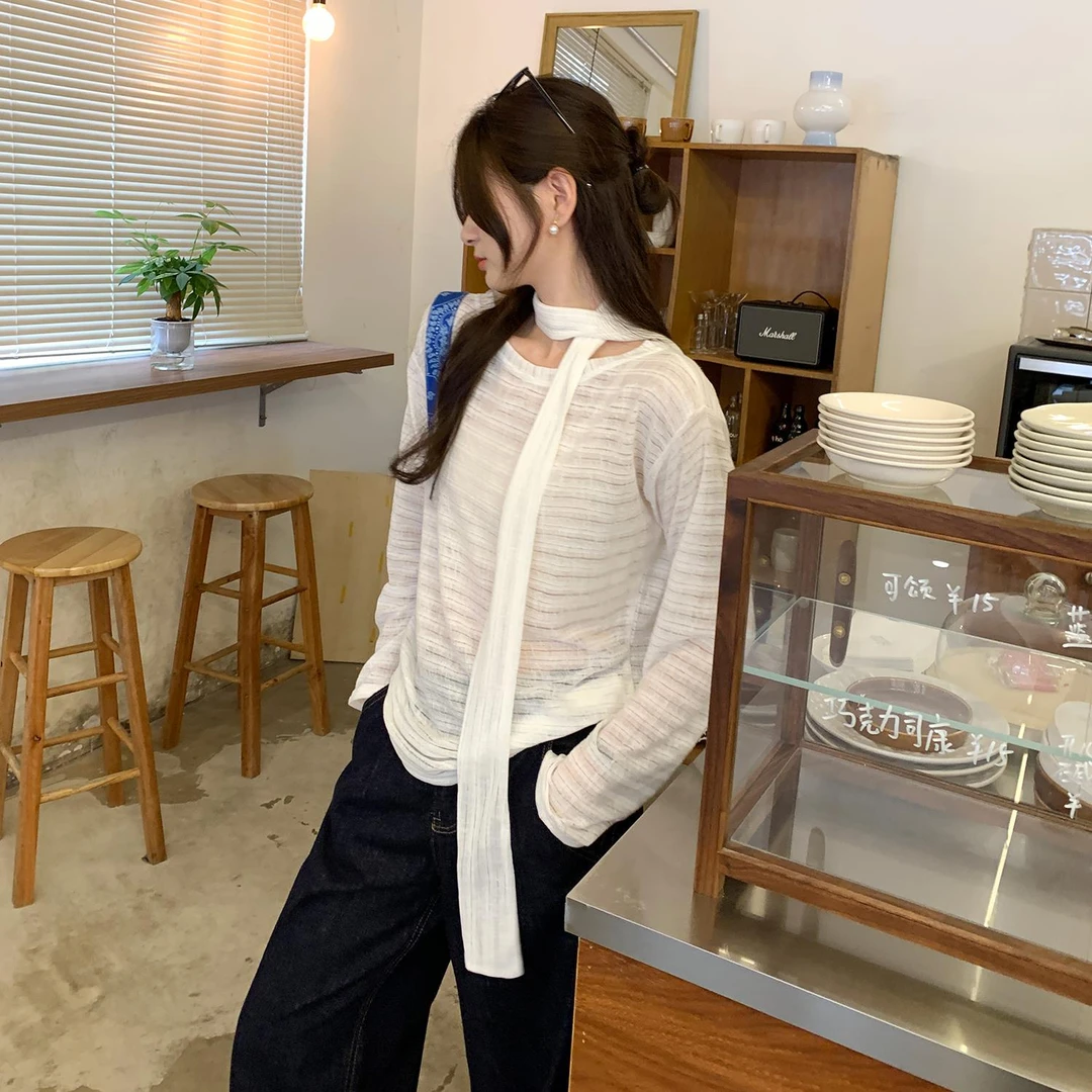 IEF/爱依服慵懒风宽松薄款圆领长袖T恤女夏季显瘦百搭防晒罩衫上