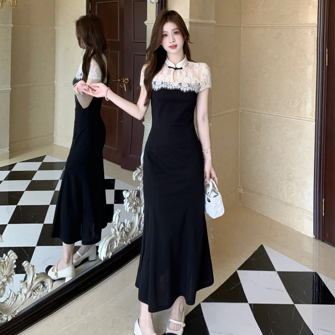 大码女装2025夏新款锦绣河山新中式蕾丝连衣裙针织收腰拼接长裙女