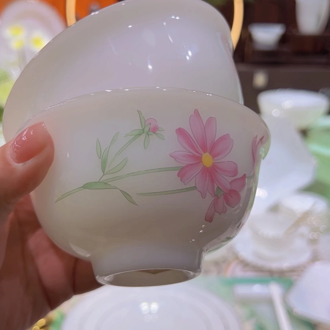 瓷景德镇幸福花语，描金白玉瓷饭碗各1各