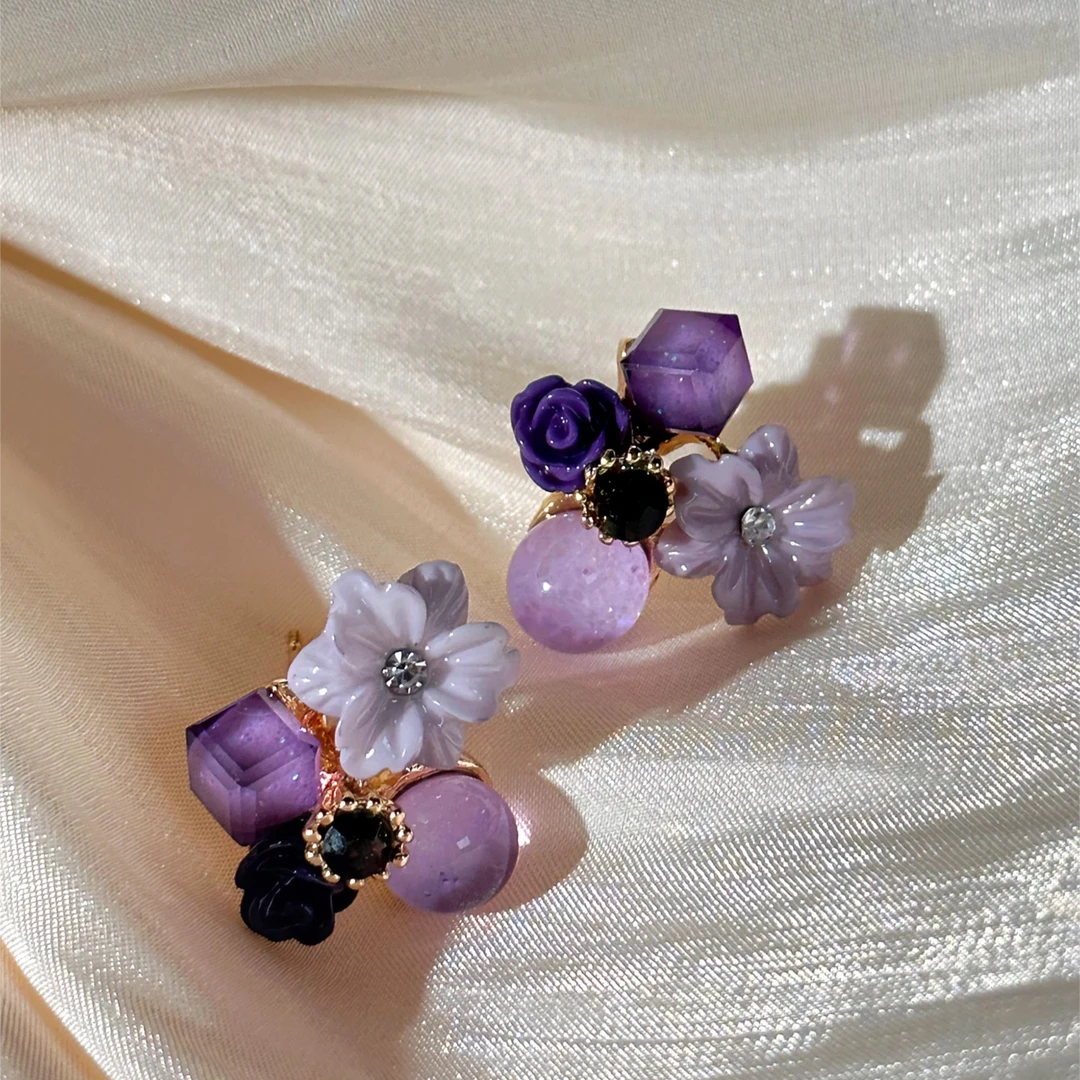 铜合金合成锆石耳饰 超仙小清新紫色耳环法式温柔甜美耳钉耳饰