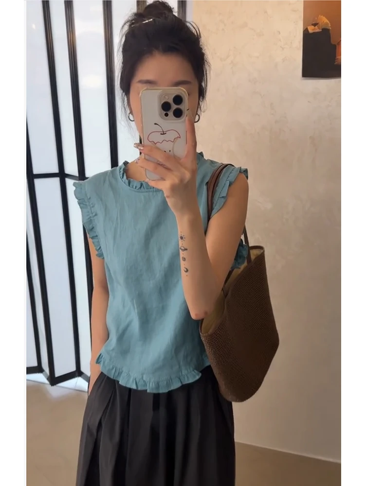 韩系温柔风木耳边拼接无袖背心女夏季新款极简风休闲气质百搭上衣