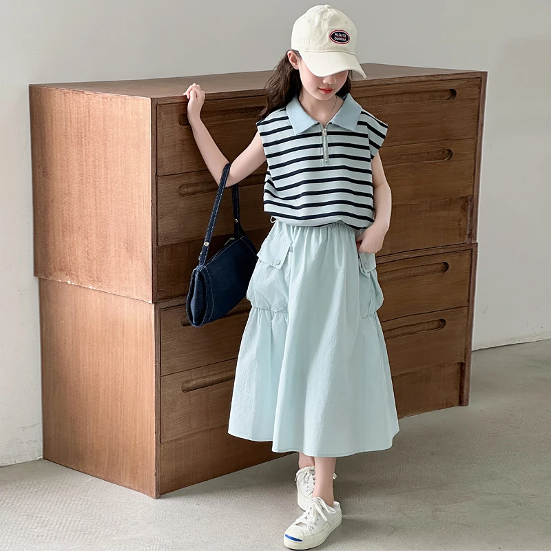 女童夏季学院风连衣裙2025新款洋气夏条纹POLO衫小女孩半身裙套装