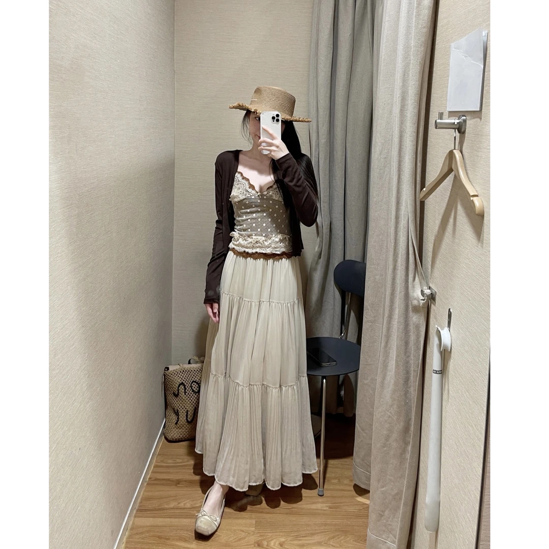 WANZI【风与橙光】双层蕾丝拼接波点吊带背心 垂感压褶长款仙女裙