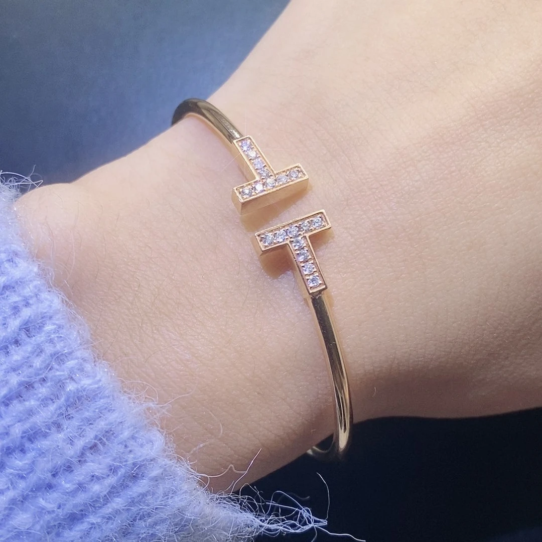 钻石手镯18K金镶嵌双T手镯K玫