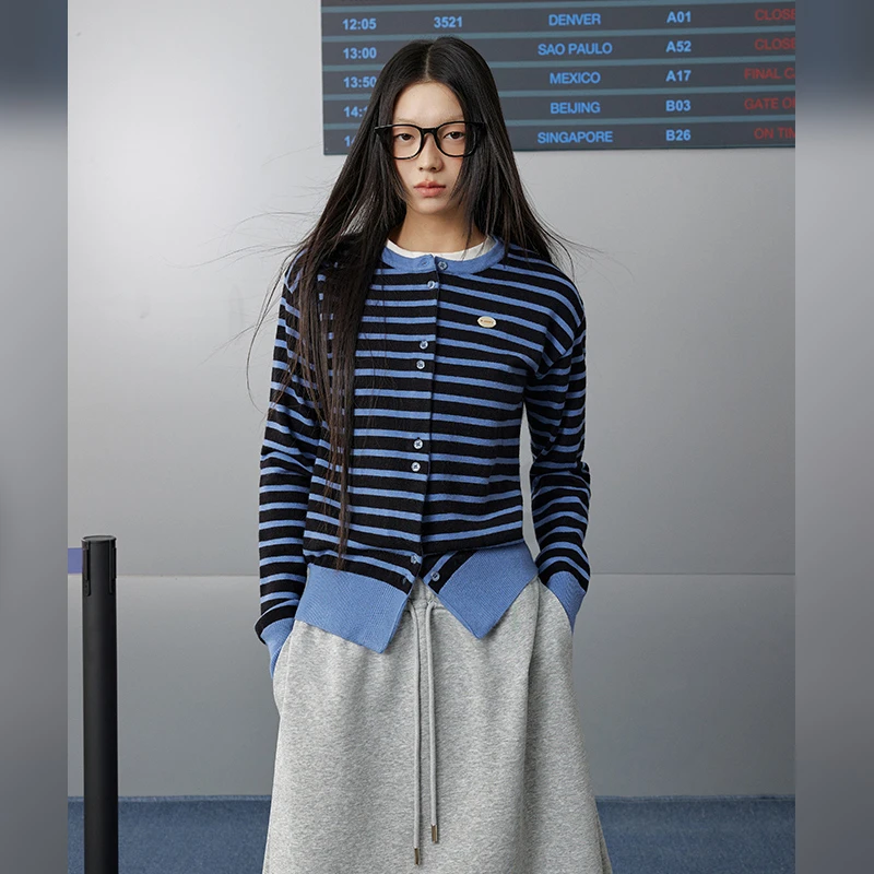 0380【金拐子专属】UNIFREE韩版条纹针织开衫女撞色U251N023V1V1