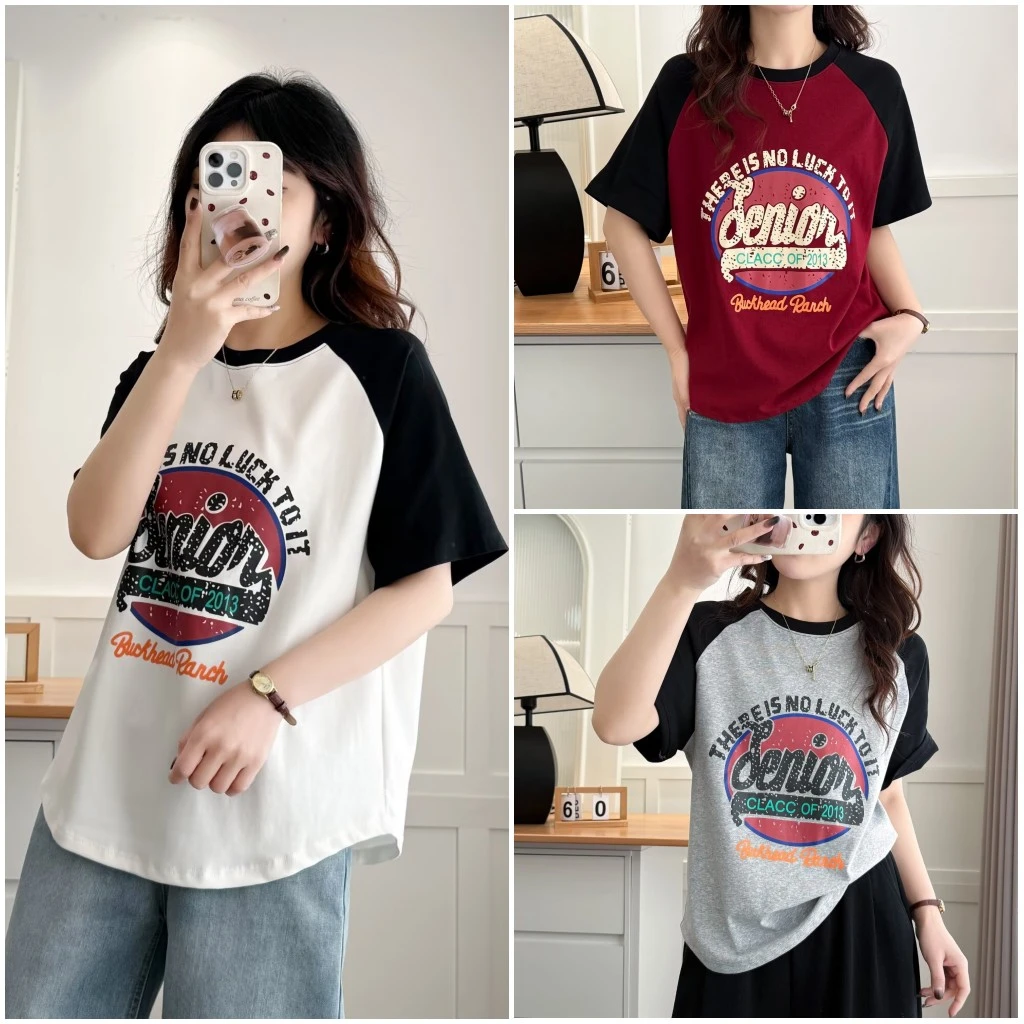 大码胖mm减龄显瘦撞色字母印花圆领T恤夏季新款百搭宽松遮肉上衣