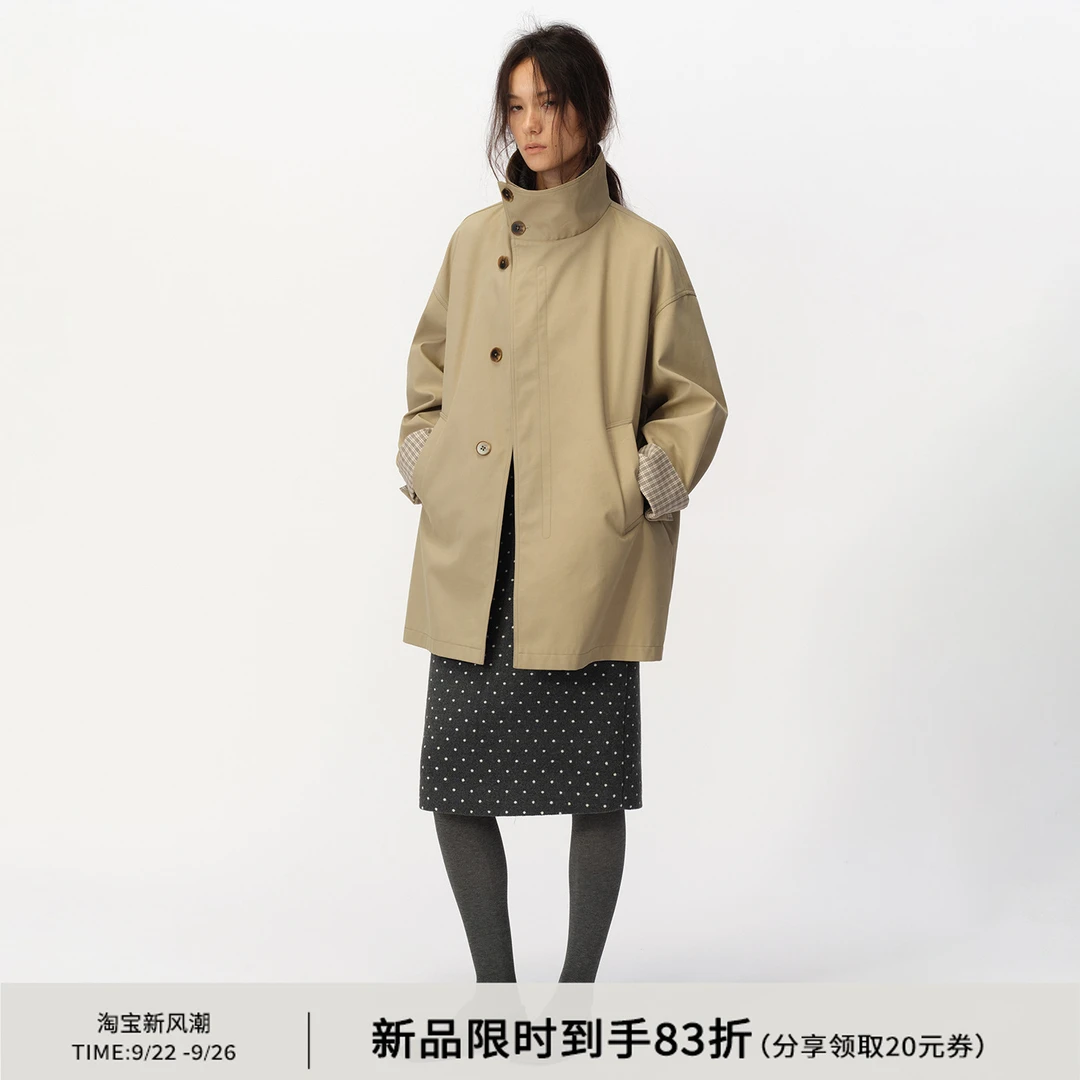 【9.25新品】SMIIILE复古不对称斜襟风衣外套女挺括防风外套