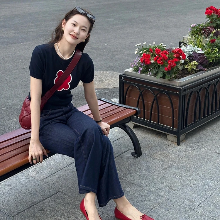 夏季薄正肩冰丝针织衫女款时髦洋气独特别致小衫短袖T恤显瘦上衣