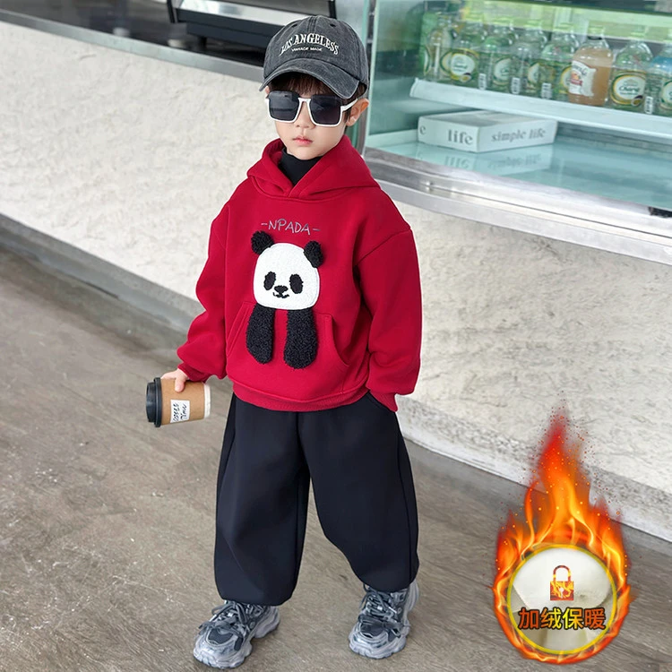 男童冬装加绒辅料熊猫套装深秋款儿童加厚卫衣运动2件套宝宝衣服