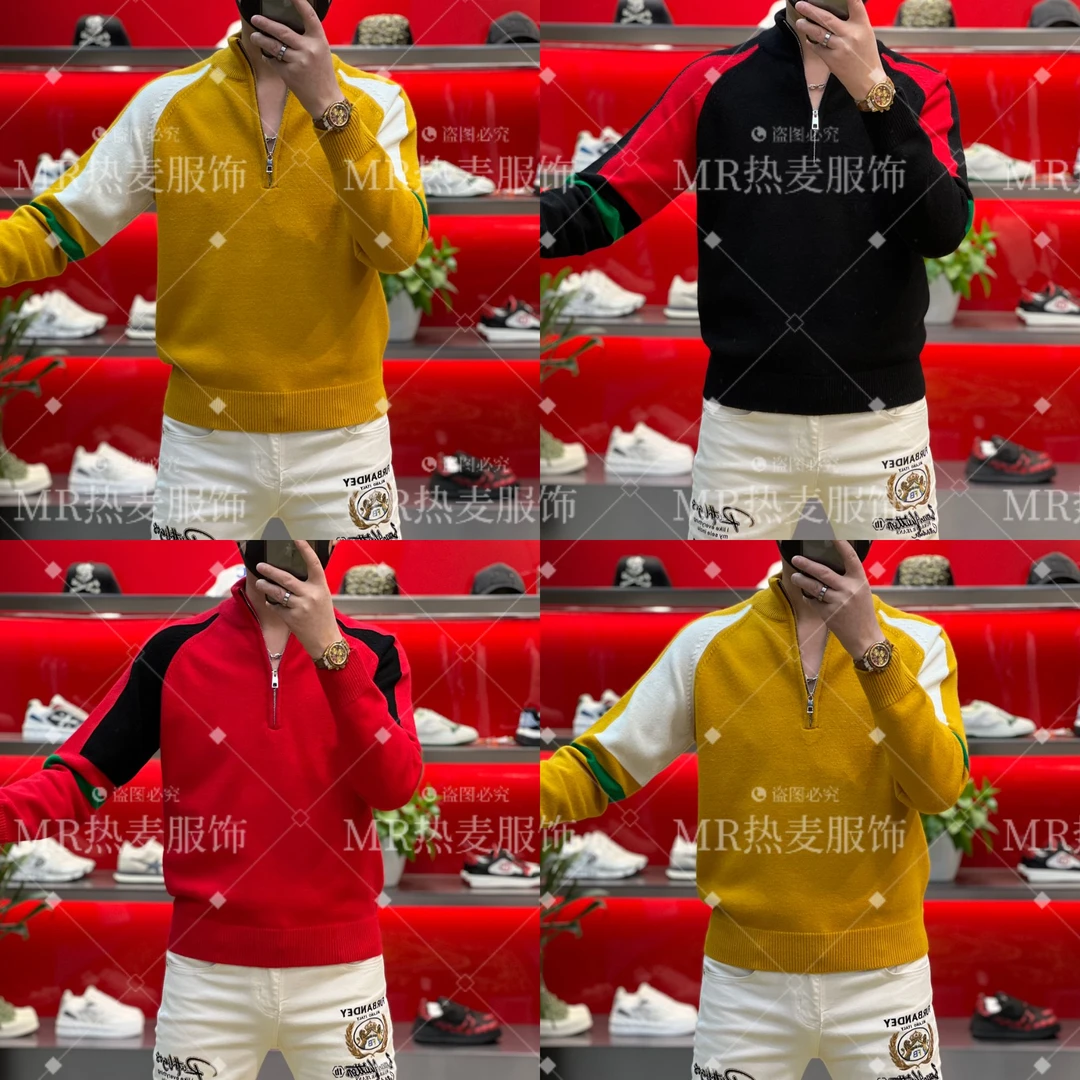 【星欧甄选】2025秋冬针织羊毛拉链竖领拼色款男士修身弹力保暖毛衫