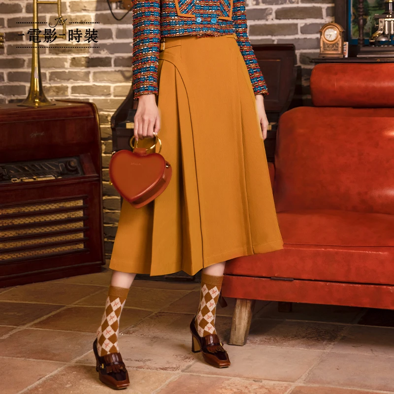 【高高甄选】一电影一时装压褶a字半身裙中长款款复古FCEQ137582