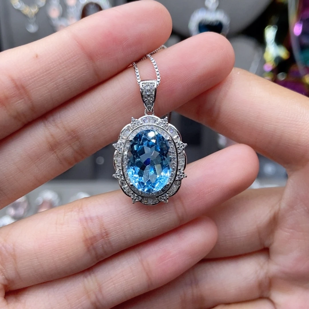 颈饰银S925镶嵌托帕石瑞士蓝戴妃款10ct