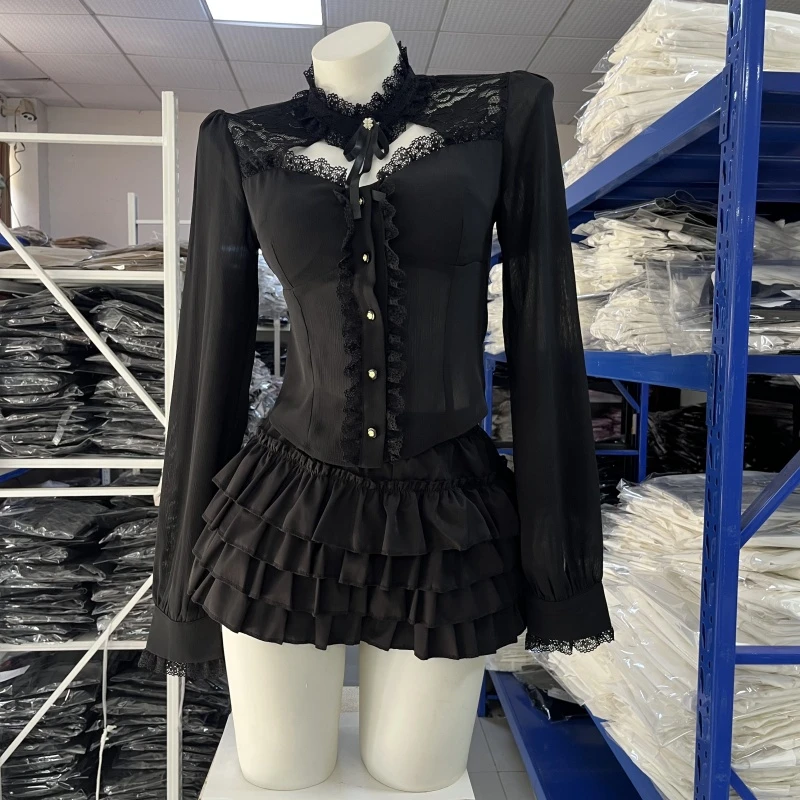 iqcq气球熊纯欲辣妹蕾丝边镂空长袖上衣女秋收腰黑色蓬蓬半身短裙