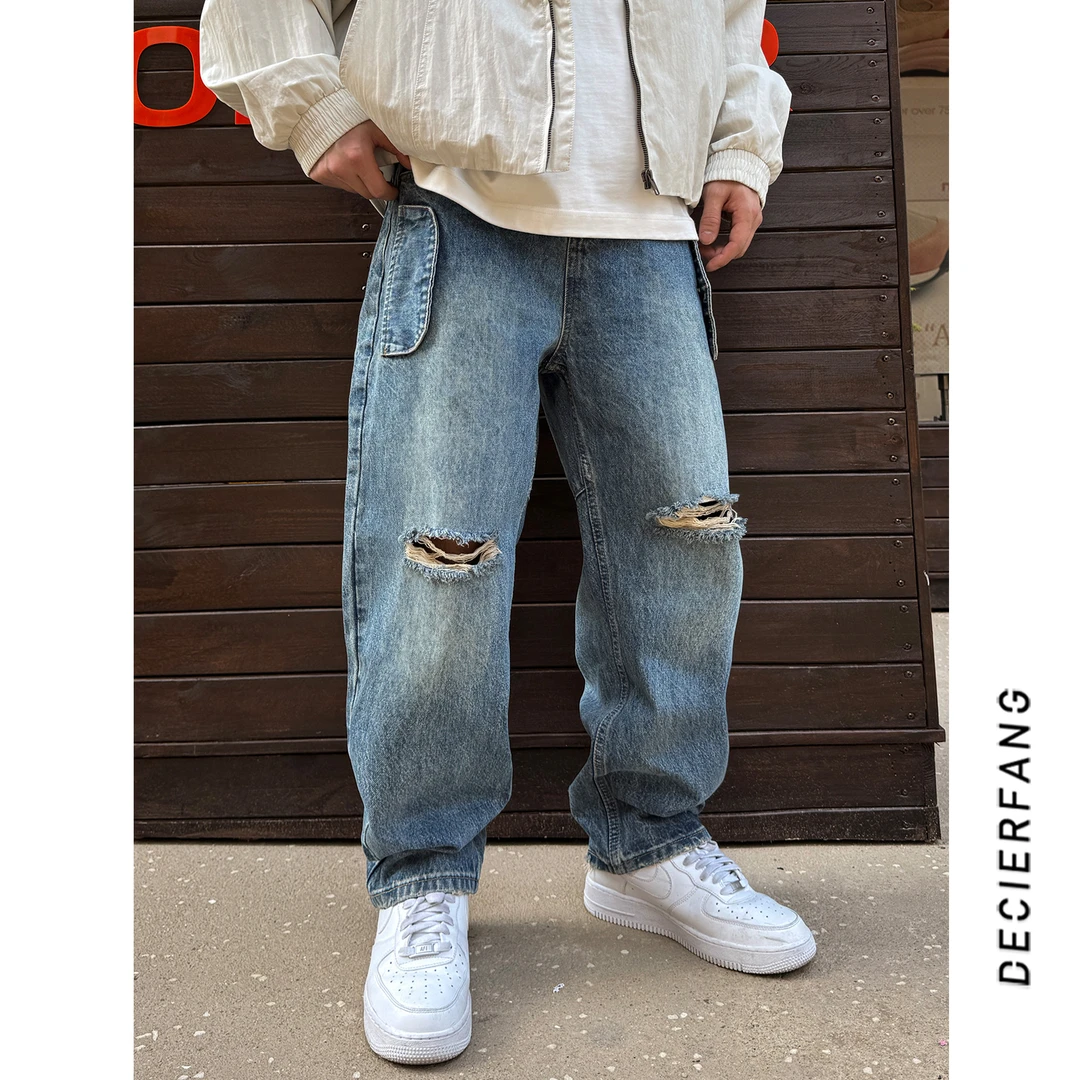 ANG美式休闲直筒宽松复古破洞牛仔裤百搭潮休闲痞帅阔腿裤