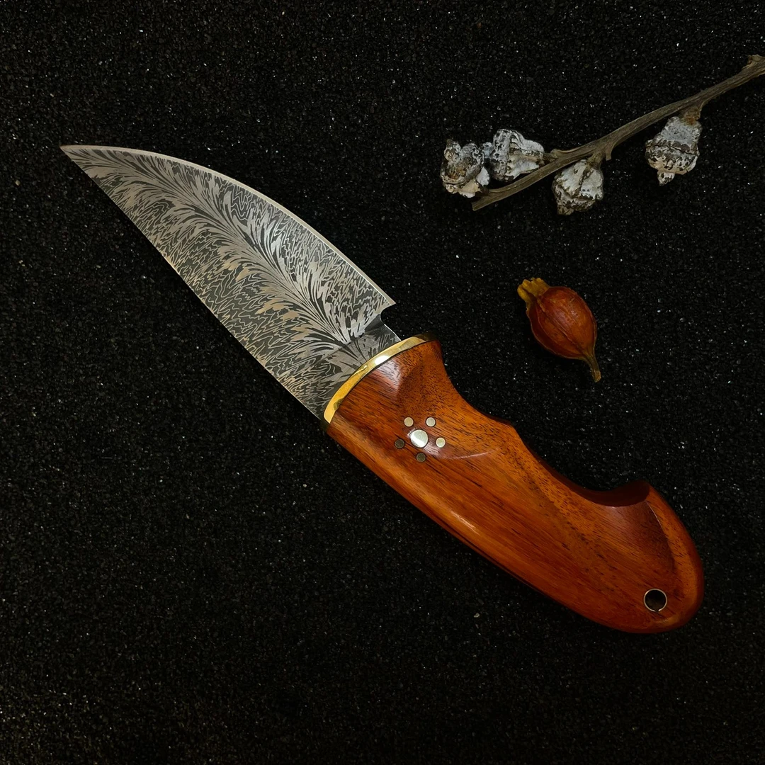 大马士革羽毛纹大红酸枝木手柄手工刀