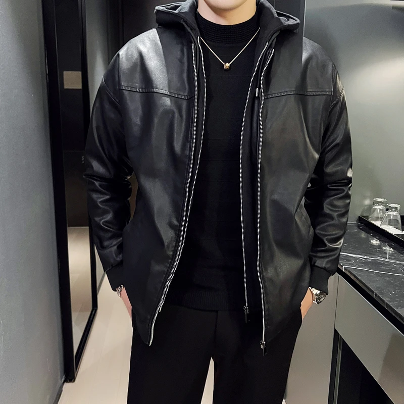 春秋季摩托机车皮衣连帽假两件外套男士防风夹克保暖街头潮流痞帅