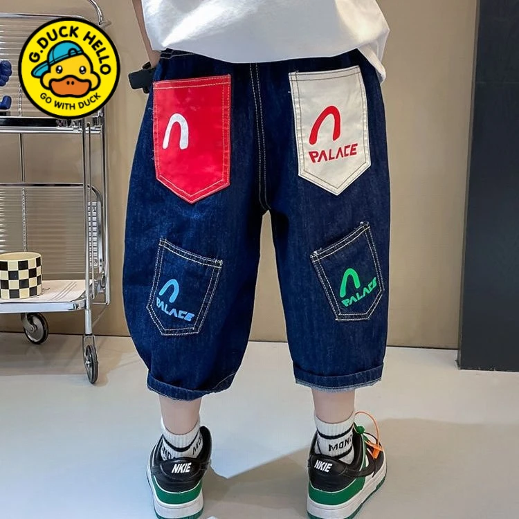 小黄鸭男童裤子夏款2025新款牛仔七分裤儿童薄款时髦休闲裤男孩炸