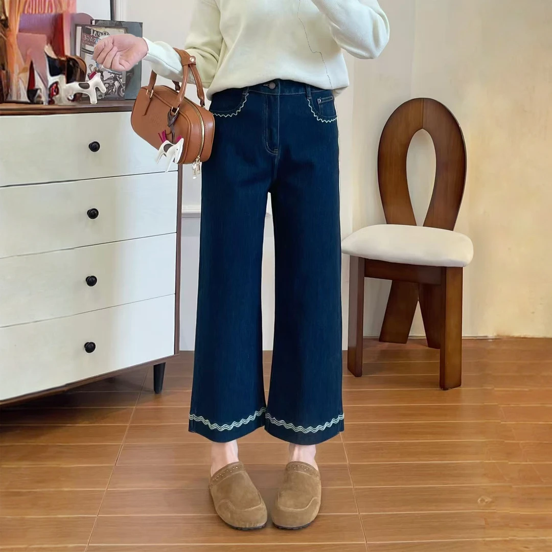 秋季刺绣牛仔裤阔腿裤休闲高腰显腿长显瘦直筒裤微弹时尚九分裤女