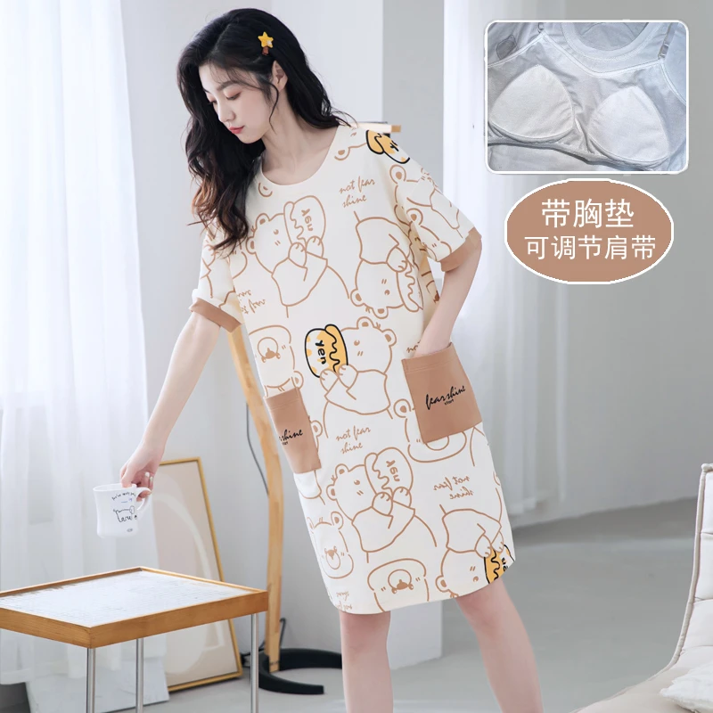 芬腾可安睡裙女夏季纯棉带胸垫孕妇夏天短袖简约2024年新款夏款可