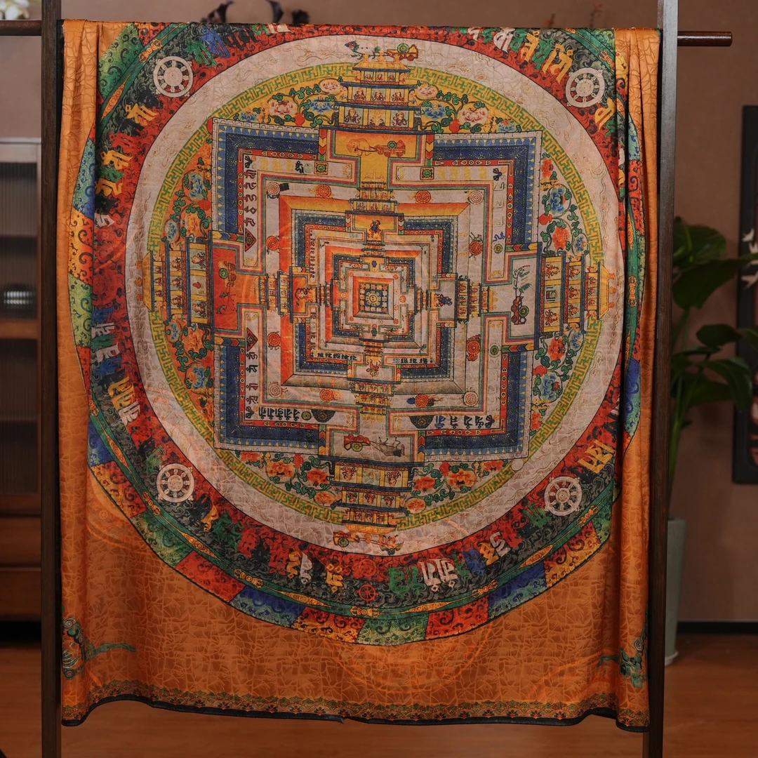 【D34-125经典坛城唐卡】140*140花萝双面围巾披肩丝香云夏季丝巾