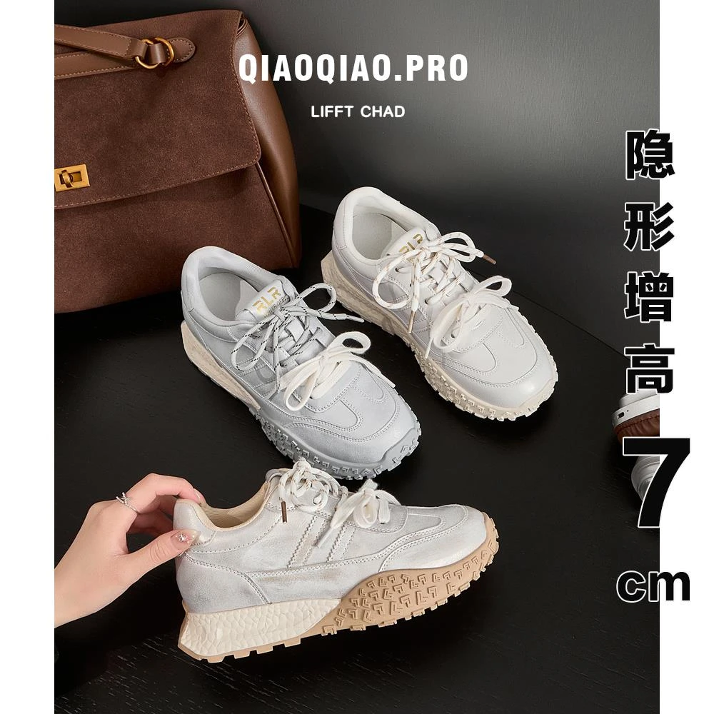 内增高小白鞋女小个子中式复古做旧擦色厚底轻百搭阿甘德训休闲鞋