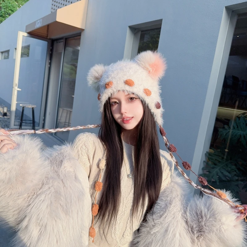 CREAMPP 原创甜美软萌长辫流苏保暖护耳毛绒针织帽狐狸毛球发兜帽