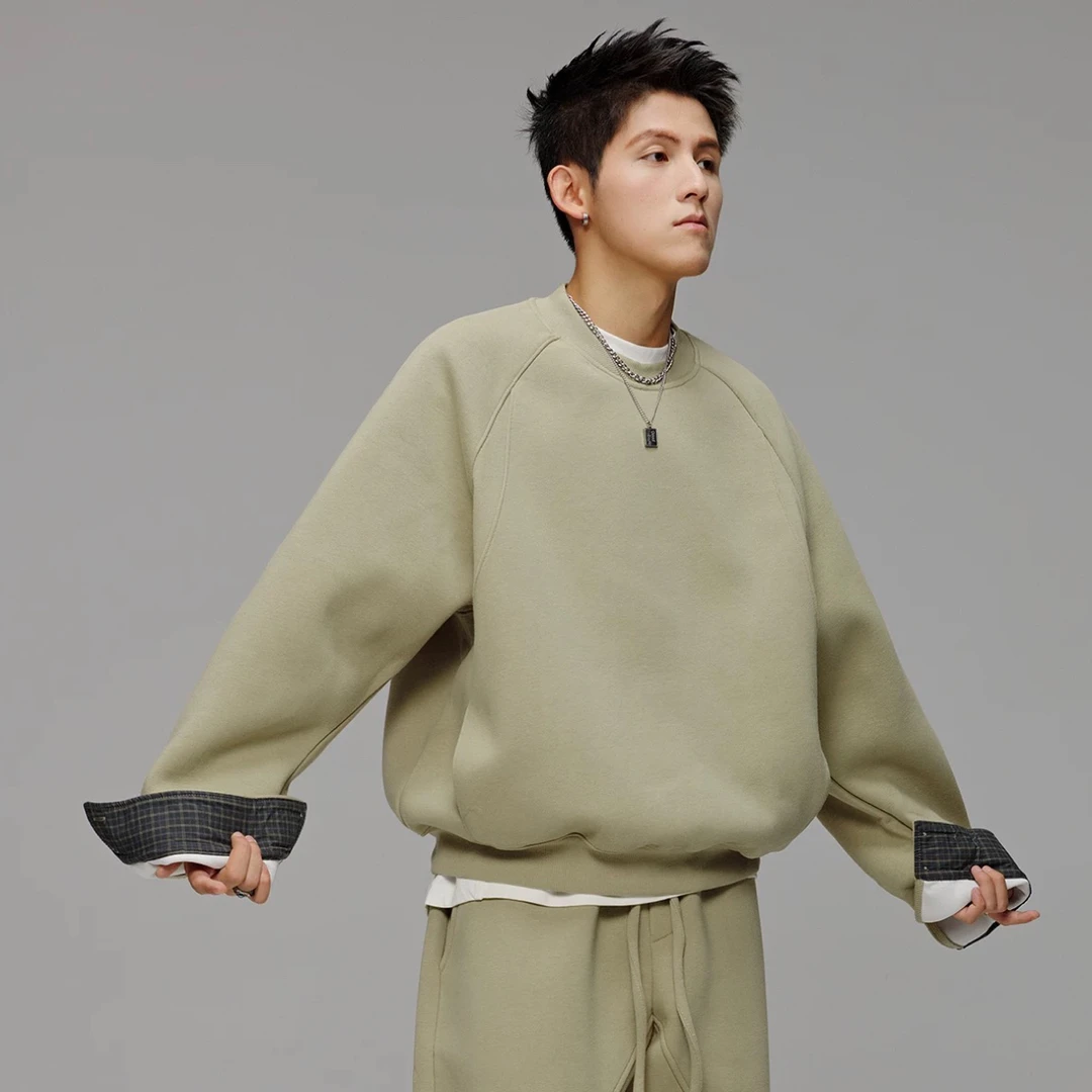 6色重磅卫衣男女袖口格纹撞色情侣套头上衣宽松短款百搭【整套有售