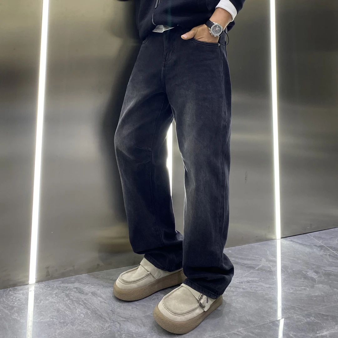 秋冬小弯刀微宽松美式水洗牛仔裤松紧腰百搭简约痞帅高级感长裤男