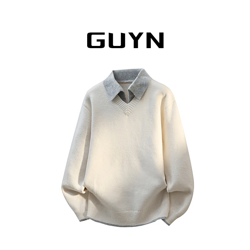 【品牌正品现货】GUYN假两件毛衣男士加厚秋冬季衬衫领针织衫男百搭