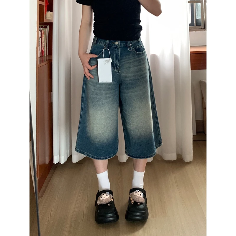 微胖mm美式街头做旧七分牛仔裤女夏季新款高腰宽松百搭阔腿中裤潮