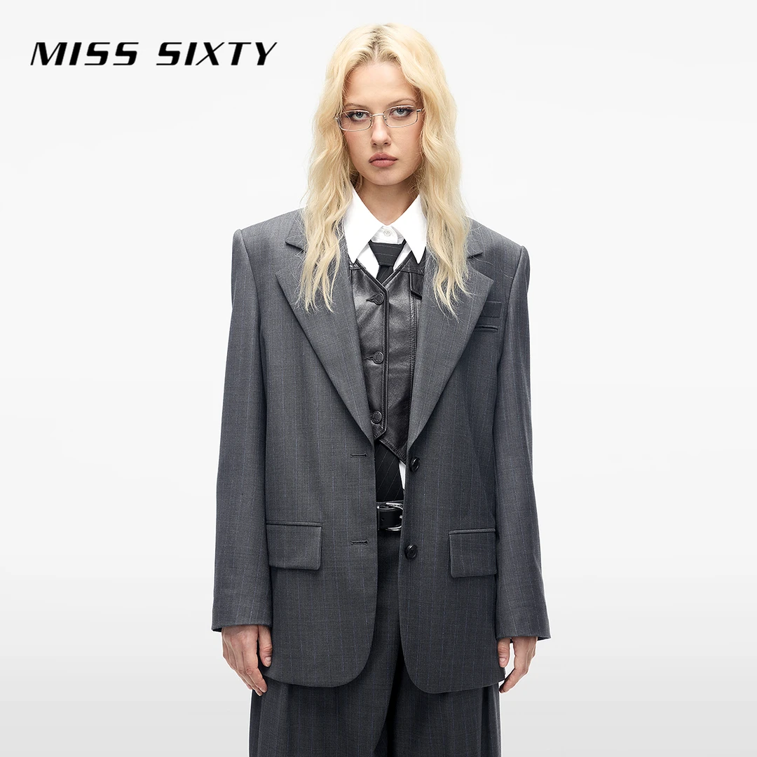 Miss Sixty2025春季新款西装外套女平驳领单排扣垫肩深灰羊毛精纺