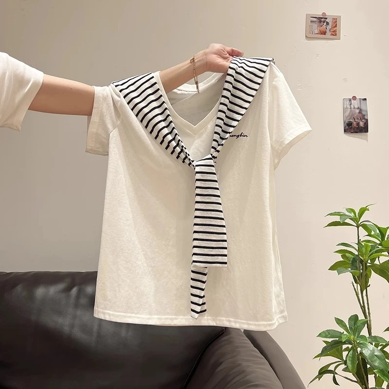 白色v领条纹披肩两件套短袖t恤女2025夏季新款设计感气质减龄上衣