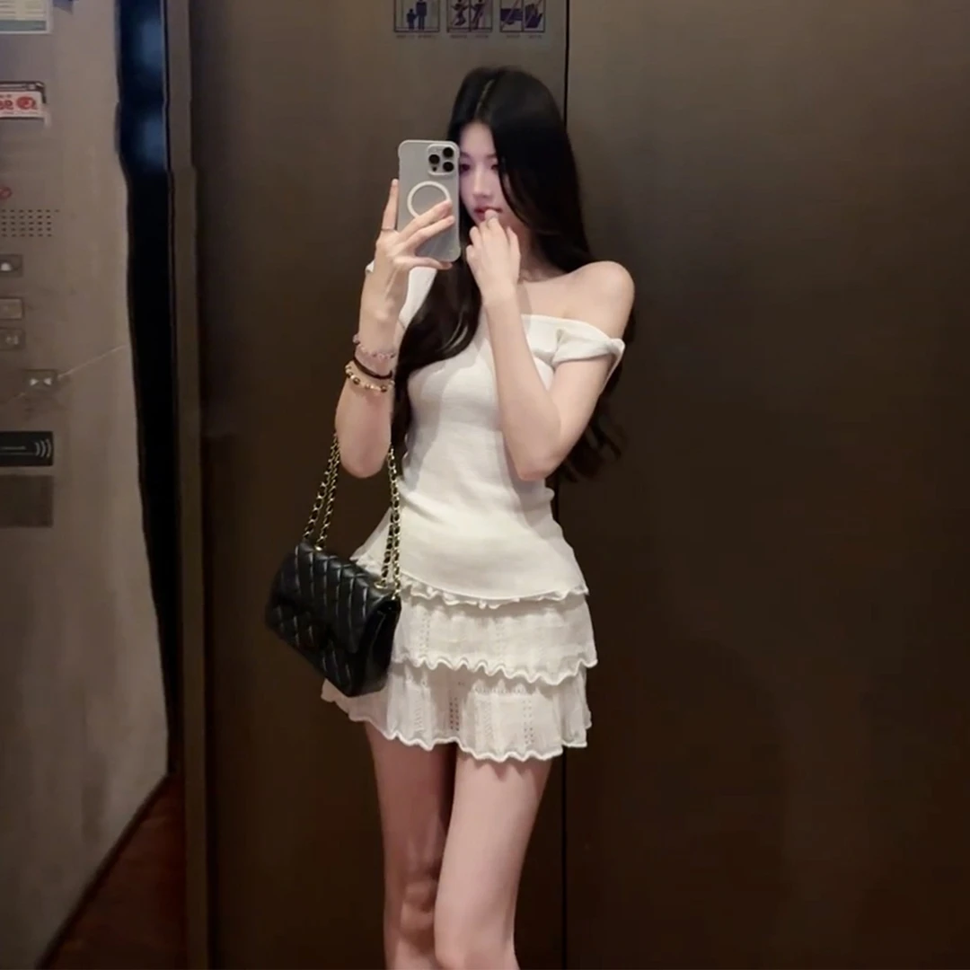 2026新款纯欲风miu系穿搭一整套白色连衣裙子女夏季露肩套装短裙