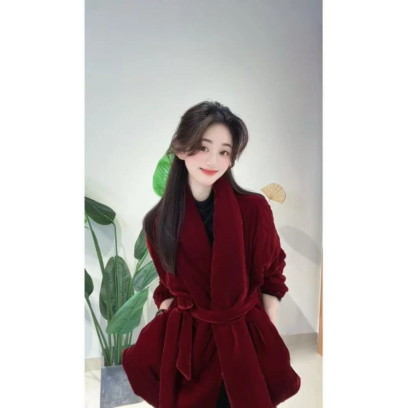 DY3249樱美嘉冬季新款浴袍风系带高端丝绒棉服