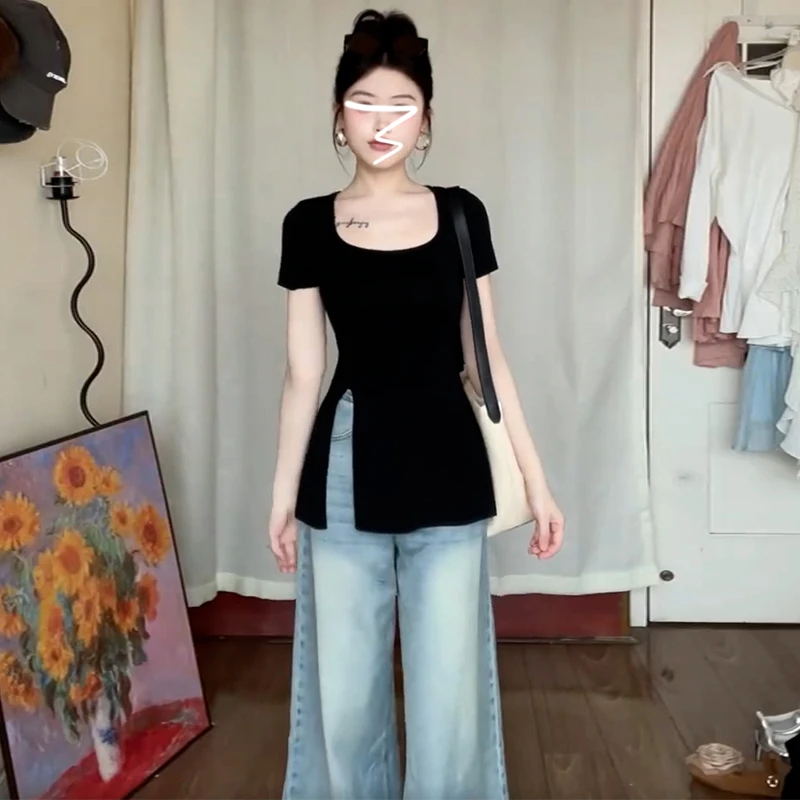 大码黑色u领短袖t恤女夏季新款设计感小众独特别致显瘦开叉上衣