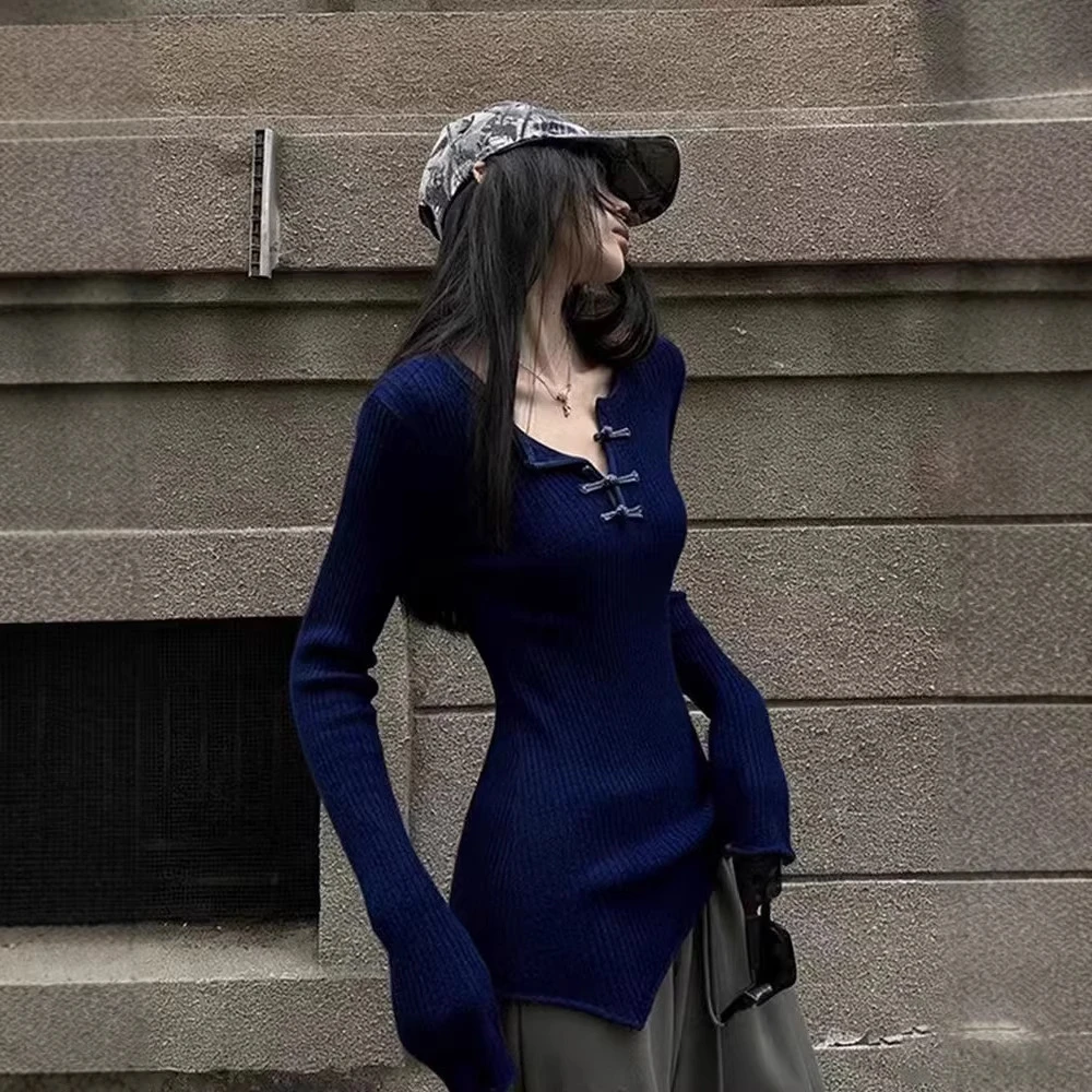 新中式女装藏蓝色国风盘扣不规则针织上衣25冬气质百搭修身打底衫