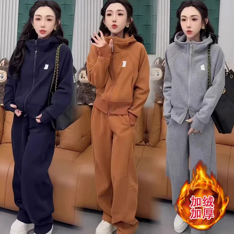 2025冬季新款加绒加厚运动套装女连帽卫衣长裤保暖洋气休闲两件套