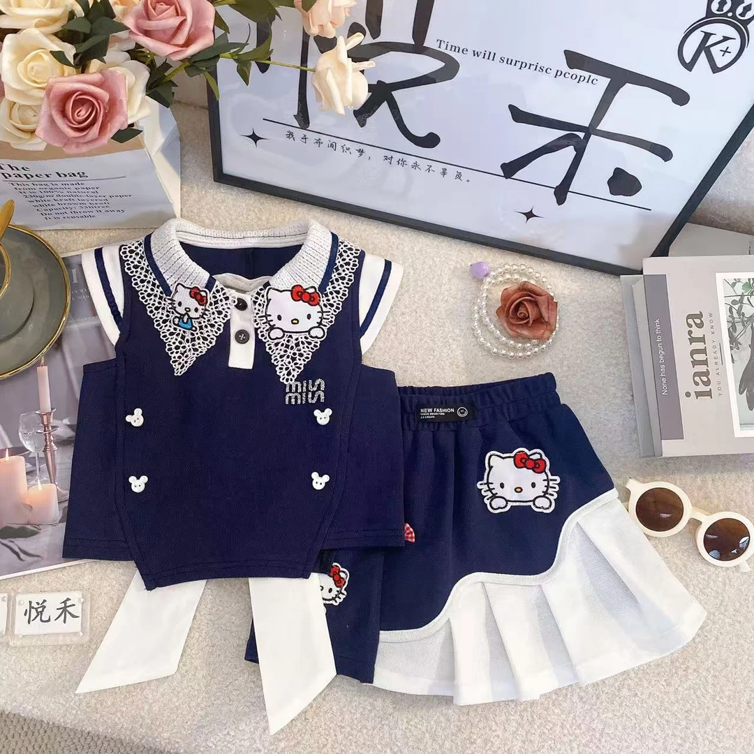 SD新款夏季女童时尚休闲女宝蓝色卷边韩版学院风高级套装80467