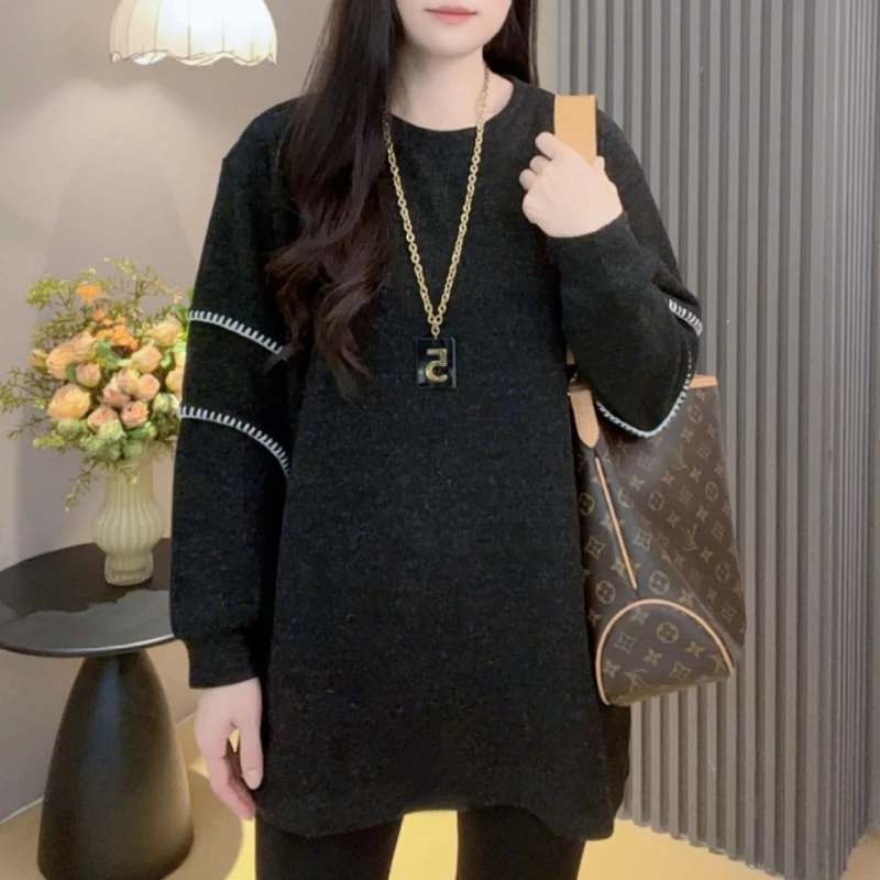 2025秋冬新款宽松显瘦百搭圆领拼接设计感时尚长袖卫衣打底休闲