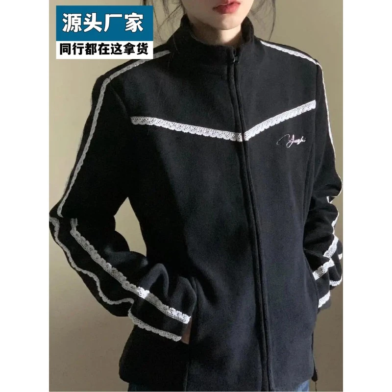 梵乐芬织带拼接灯芯绒外套芭蕾风蕾丝花边短款修身运动夹克加厚开