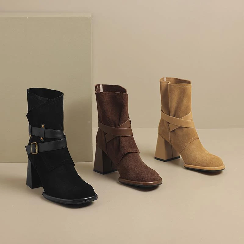 真皮手工2024秋冬复古磨砂粗跟西部牛仔靴圆头高跟短靴子马丁靴