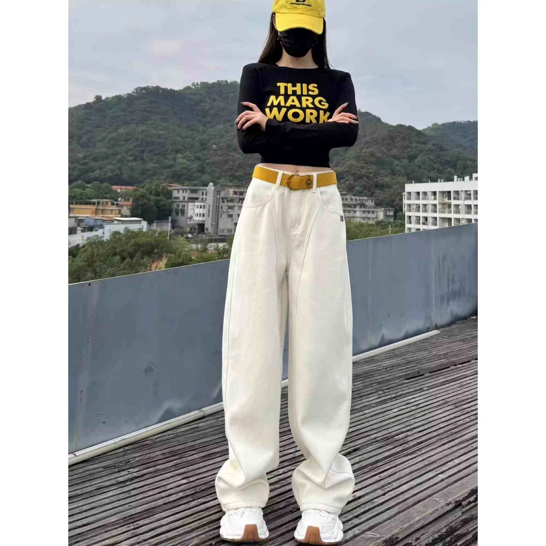 2025年春季新款米白色美式弯刀牛仔裤女高腰宽松遮跨胖妹妹阔腿裤