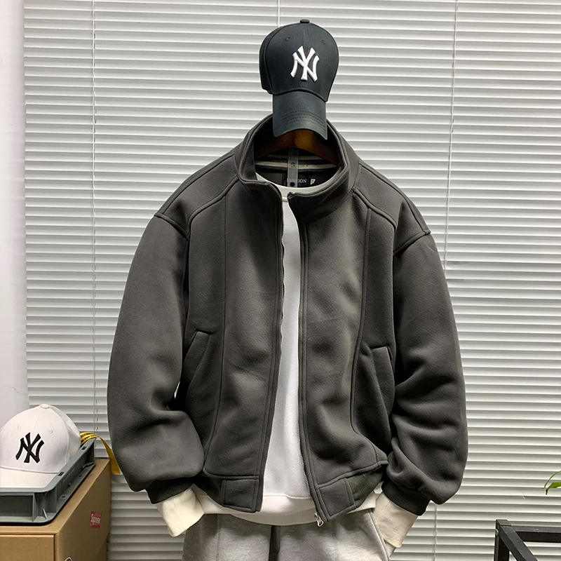 立领卫衣外套夹克男款春秋新款潮牌休闲宽松百搭简约纯色运动夹克