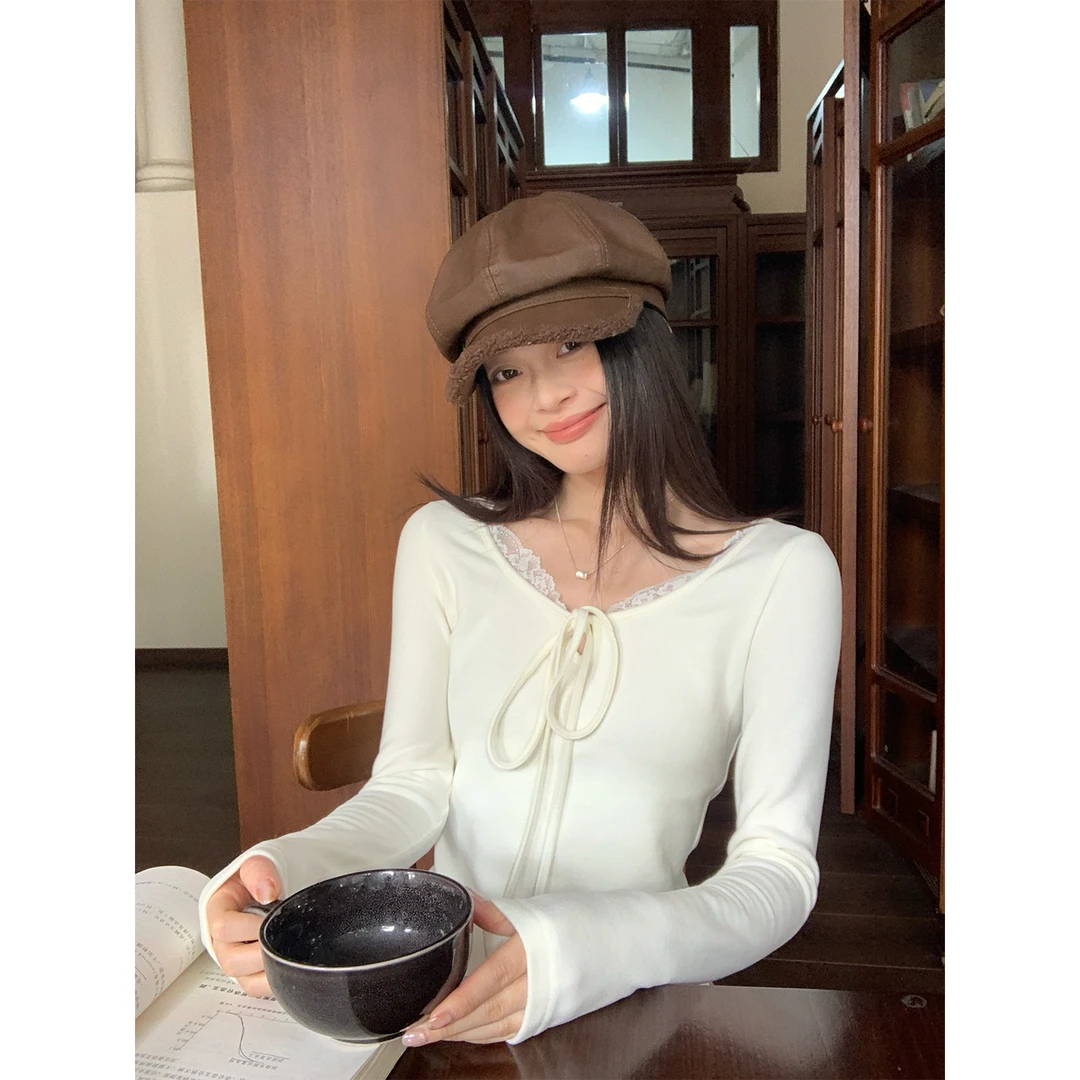 宋正恩12/8 10:00AM米白色蕾丝边抽绳 V 领绑带修身长袖AA27293